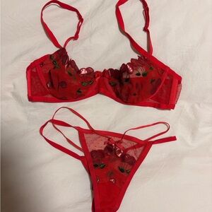 For Love And Lemons Red Cherry Sheer Embroidered Bra & Thong Set